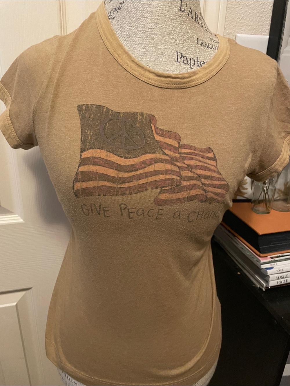 Eyeshadow Tan Graphic Peace Flag Short Sleeve Tee closet clearout no returns.